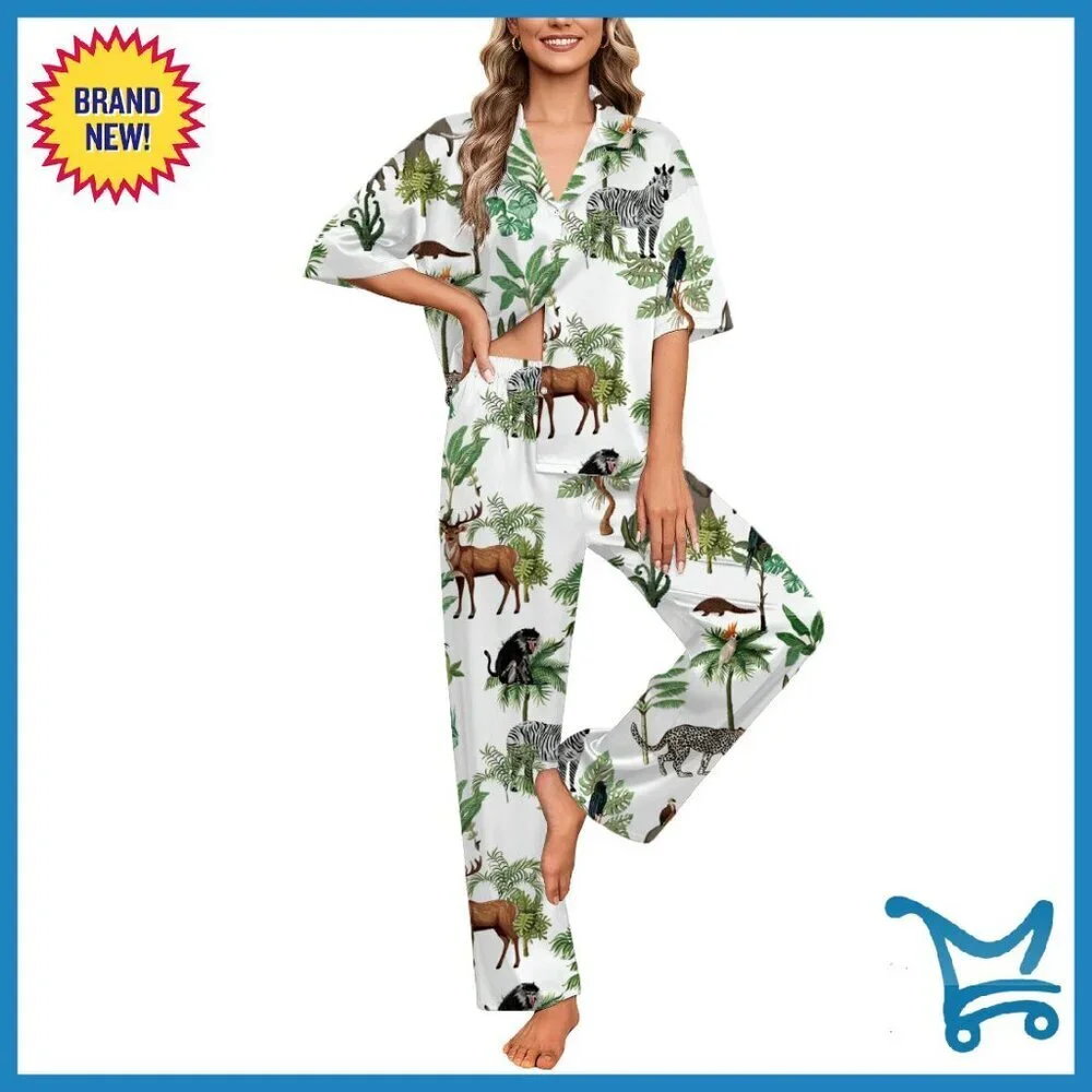 Silk Satin Pajama Set Short Sleeve Button Down Lounge Wear S-XXL